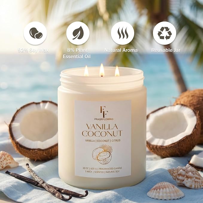 Vanilla Coconut Large Scented Candle, 3-Wick 22oz Long Lasting Scented Candle - Image 2