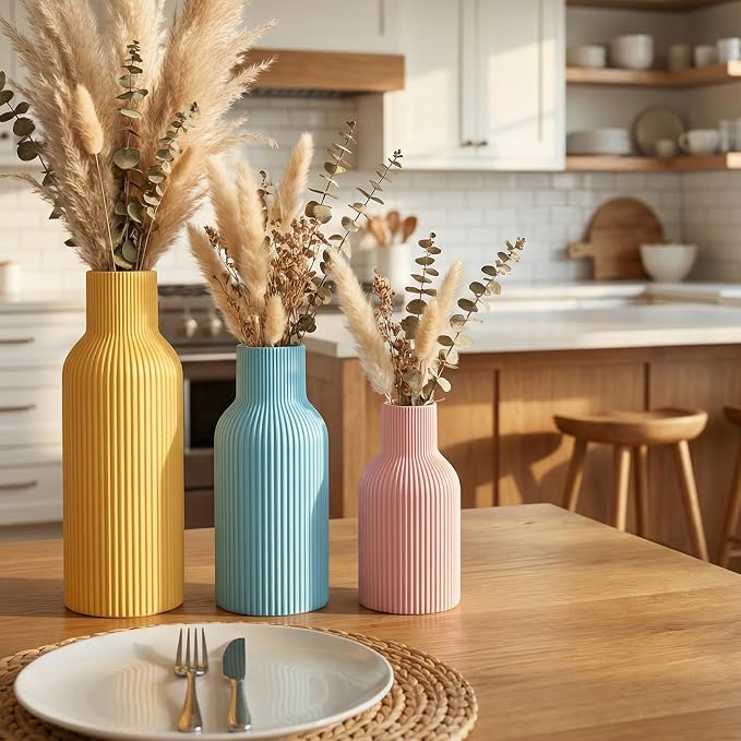 Colorful Ceramic Vases Set of 3, Matte Round Vertical Ribbed, Minimalist - Image 4