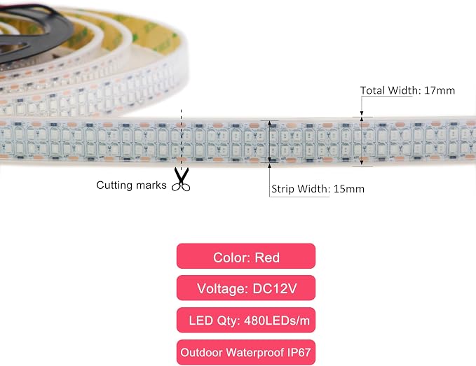 12V Red LED Strip Lights 16.4ft Double Row 2400LEDs Waterproof IP67 | SMD 2835 - Image 4