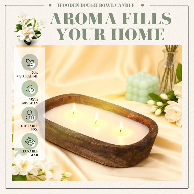 Threlaco 1 Pack 10 Inch Wood Dough Bowl Candles Home Rustic Dough Bowl Soy - Image 4