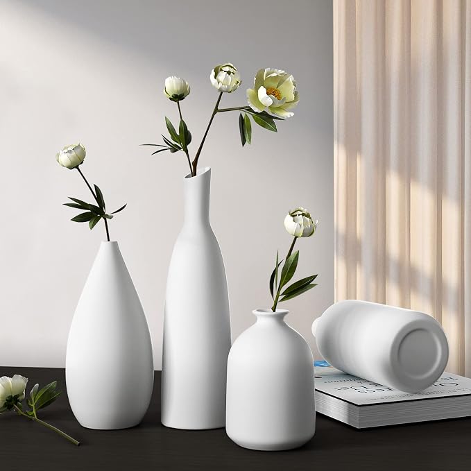 White Ceramic Vase Set of 4, Modern Farmhouse Decorative Vases - Image 4