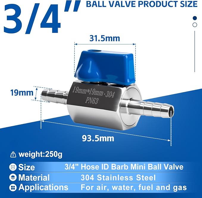 3/4" Hose ID Barb Mini Ball Valve, Stainless Steel Small Shut Off Valve - Image 2