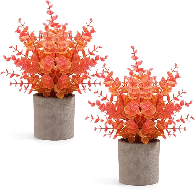 Coferset 2 Pack Small Fake Plants Eucalyptus Potted, Fall Orange | Fall Small by Coferset