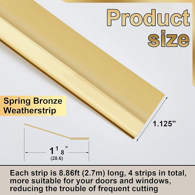 Zonon 1-1/8" W x 35.43' L Spring Bronze Weather Stripping Metal Brass Weather - Image 2