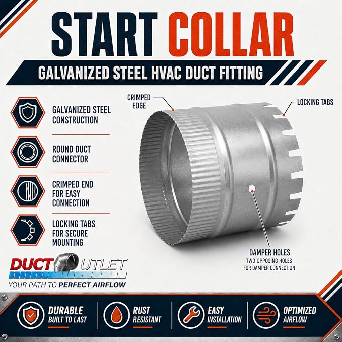 14" Start Collar HVAC, 26 Gauge Galvanized Steel Round Duct Connector - Image 2