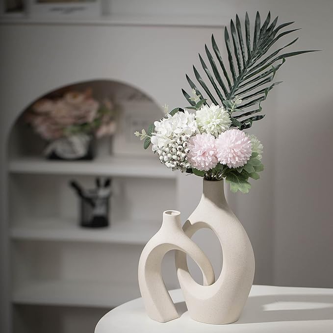 XL Beige Ceramic Vase Set of 2 for Modern Home Decor, Eclectic Entryway Modern - Image 4