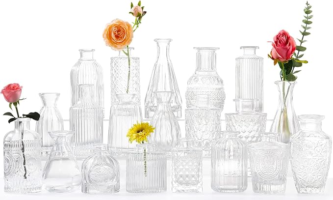 Glass Bud Vases -Set of 20 for Flowers, Small Clear Bud Vases in Bulk for by QLOFEI
