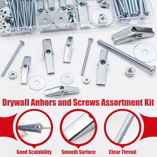 100Pcs Toggle Bolts Drywall Anchors Kit, 25 Sets 1/8" 3/16" 1/4" Heavy Duty - Image 3