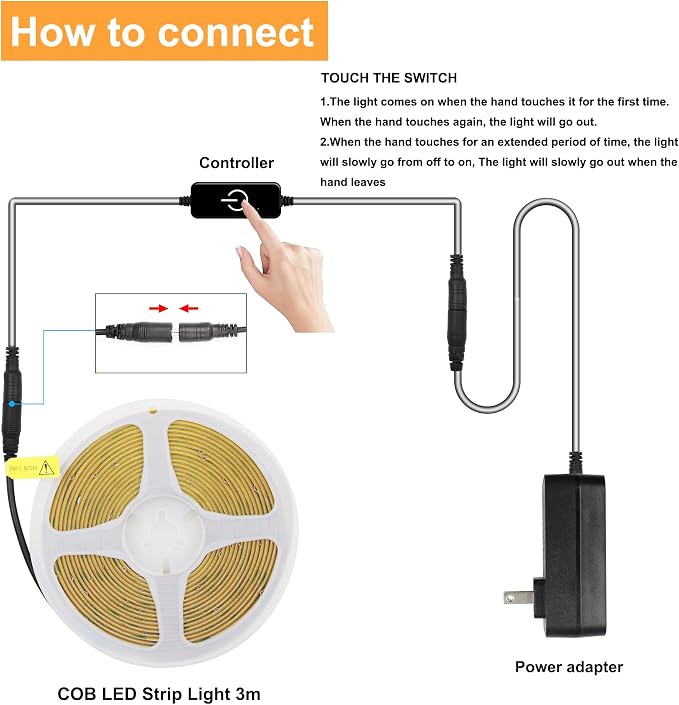 Pandery COB LED Strip, LED Strip Lights 3M/9.84ft, Touch Dimmable LED Strips - Image 3