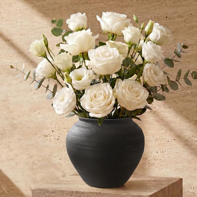 Matte Black Ceramic Vase, 6.7” Wabi-Sabi Ribbed Flower Vase, Handmade Pottery - Image 5