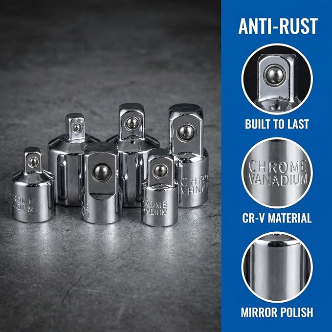 6 PCS Socket Adapter and Reducer Set, 1/4 to 3/8, 3/8 to 1/2, 1/4 to 1/2 Impact - Image 3