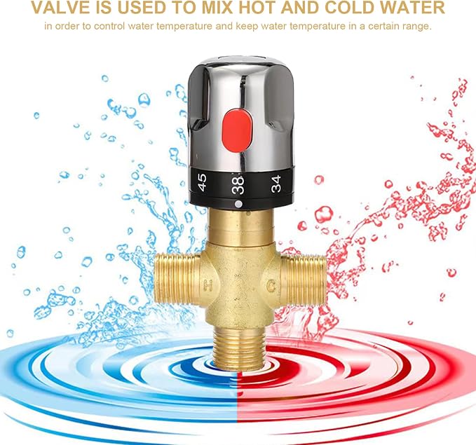 Water Mixing Valve, Thermostatic Mixing Valve 3-Way Adjustable Brass 1/2" Water - Image 5