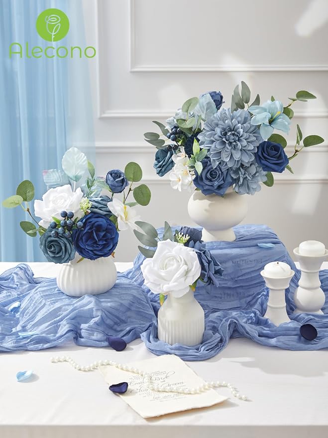 Alecono Dusty Blue Artificial Flowers, Silk Fake Roses Floral Set | - Image 6