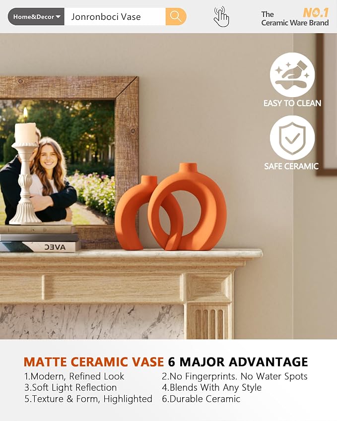 Set of 2 Orange Ceramic Vases for Home Decor Accents - Image 5