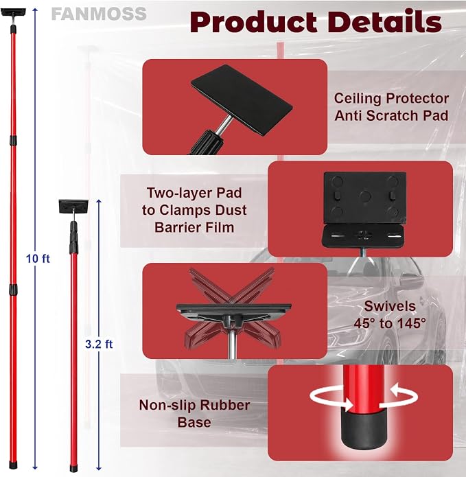 10FT Dust Barrier Poles Kit, Spring Retractable Isolation Support Poles - Image 3
