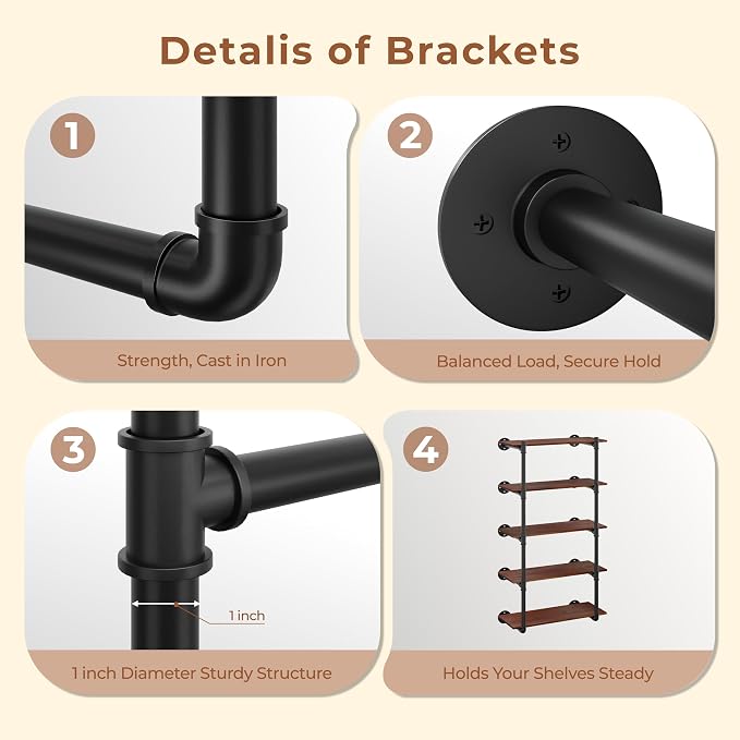 Industrial Wall Mount Pipe Shelf Brackets, Open Bookshelf Brackets - Image 4
