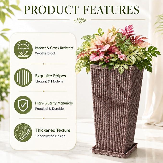 24" Tall Planters for Outdoor Plants Set of 2 Square Fluted, Tall Indoor Flower - Image 4