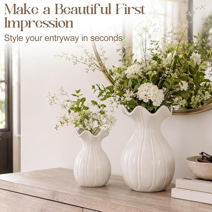2 Pack White Ceramic Vase Set Small Rustic, Elegant | Decorative Flower Vases - Image 5