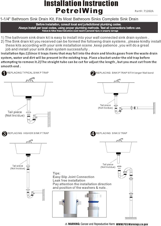 Bathroom Sink Drain Kit, for Most 1-1/4” Kitchen or Bathroom Sinks Drain Repair - Image 7