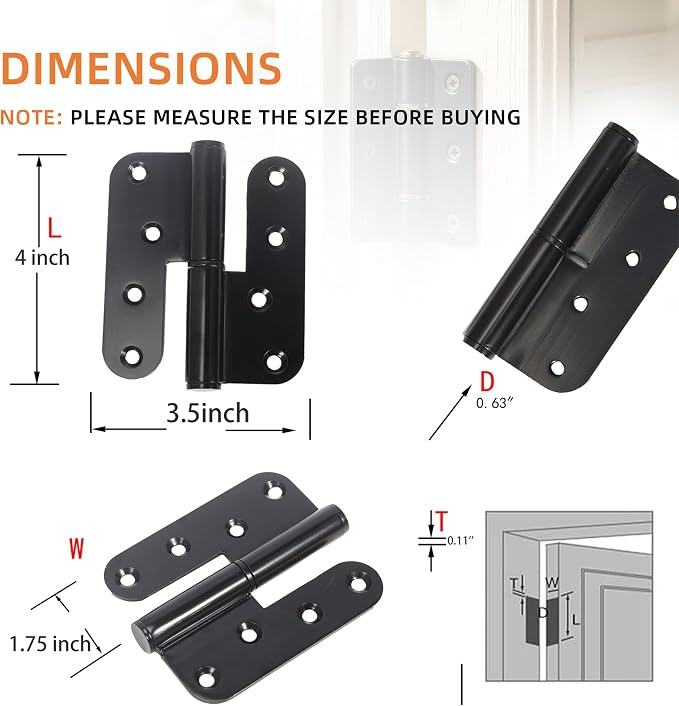 6-Pack Black Heavy Duty Lift Off Hinge, Thickness 2.8mm Left & Right Hinges - Image 4