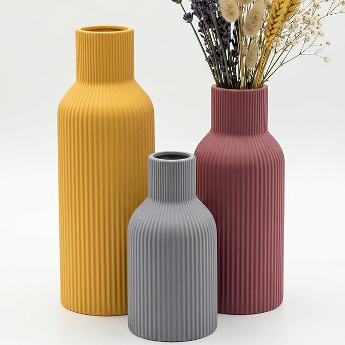 Colorful Ceramic Vases Set of 3, Matte Vertical Ribbed, Minimalist by TrendEcoHome