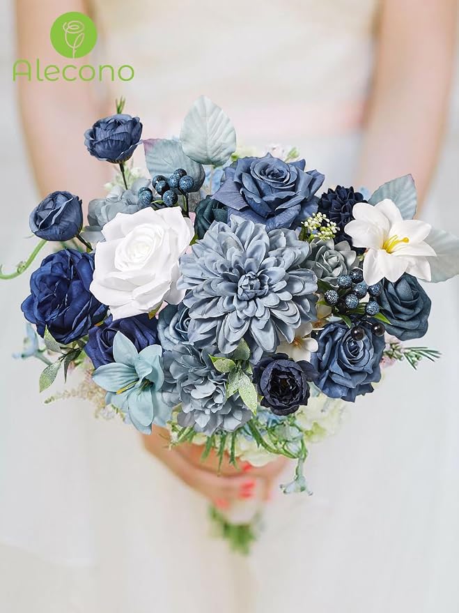 Alecono Dusty Blue Artificial Flowers, Silk Fake Roses Floral Set | - Image 7
