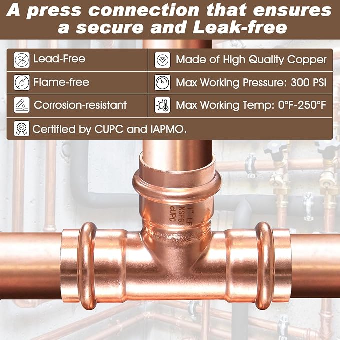 Copper Press Fittings Tee 1 Inch Copper Press Tee Coupling 6PK, Zero Lead | - Image 3