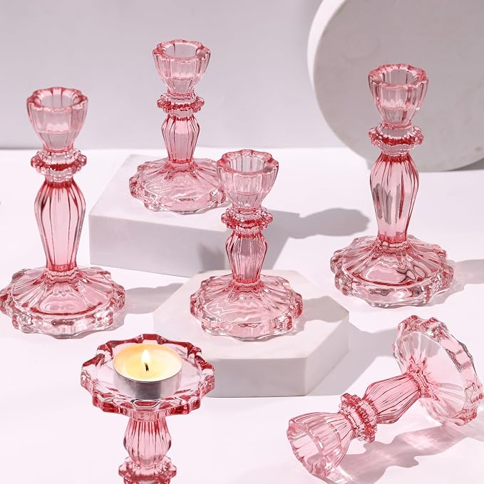 Pink Candlestick Holders Set of 6, Glass Taper Candle Holders | 4.3"H & 6.3"H by Simeitol