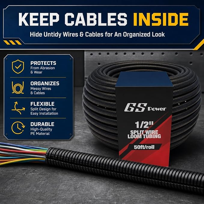 GS Power 1/2 Inch x 50ft Split Wire Loom Tubing, Split Cable Sleeve Cord - Image 9