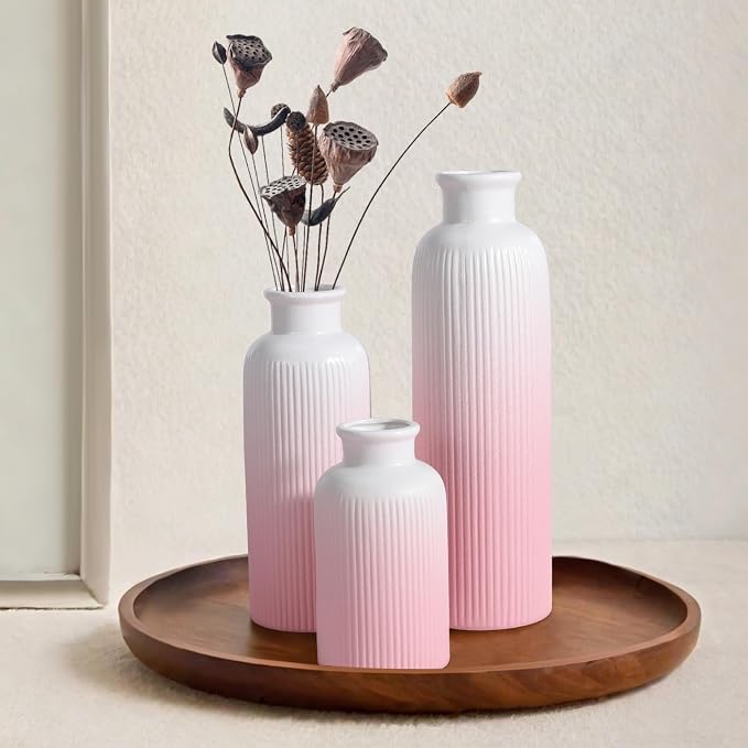 Small Gradient Pink Ceramic Vase Set of 3, Boho Modern Flower Vase Room Decor - Image 6