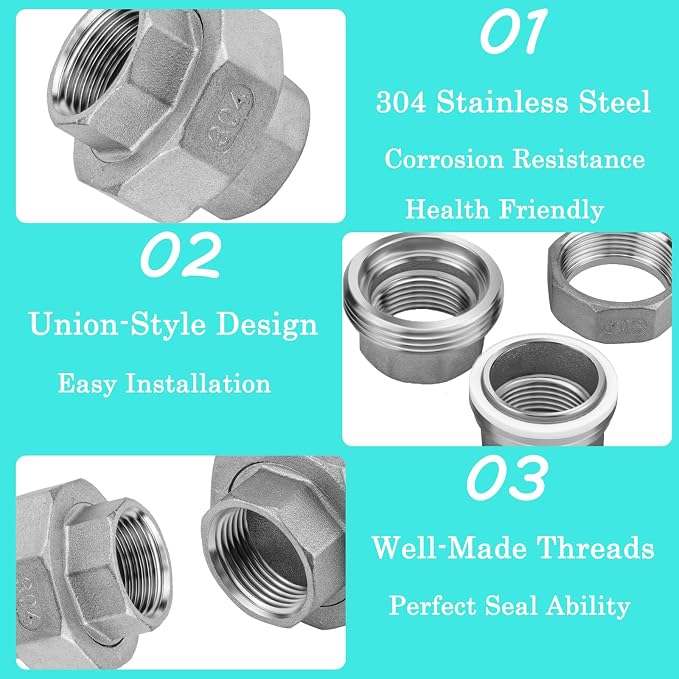 2Pcs 304 Stainless Steel Pipe Union Fitting, Cast Full Port Threaded Connector - Image 5