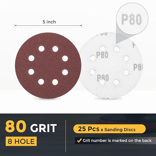 HARFINGTON 25 Pcs 5 Inch Sanding Discs 80 Grit Red Aluminum Oxide 8 Hole | Hook - Image 2