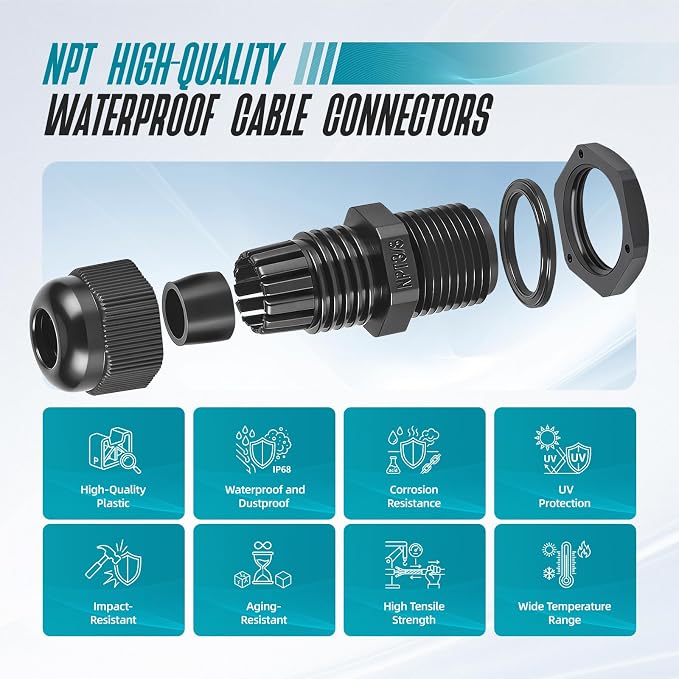 6 Pcs 3/4" NPT Cable Glands, IP68 Waterproof Adjustable Nylon Strain Relief - Image 5