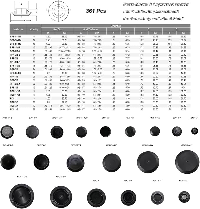 361pcs Flush Mount Black Plastic Hole Plug Assortment - Image 2
