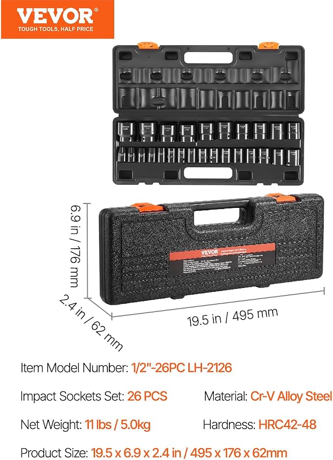 VEVOR 1/2" Drive Impact Socket Set 26-Piece, Metric Sizes Standard Socket Set - Image 7