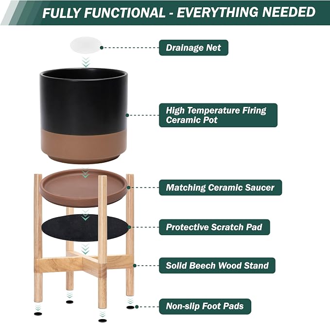 D'vine Dev Ceramic Pot with Natural Wood Stand, 10 in, 55-B-K-7 | Mid-Century - Image 5