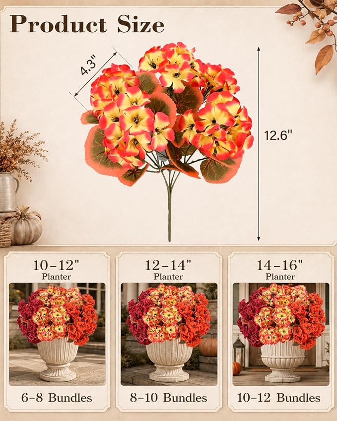 Artificial Fall Flowers for Outdoors, 6 Bundles Faux Geraniums | UV-Resistant - Image 3
