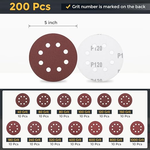 HARFINGTON 200Pcs 5Inch Sanding Disc 8 Hole Hook and Loop Sandpaper Red | - Image 2