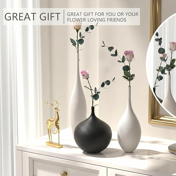 Relexome White Ceramic Vase Modern Wabi-Sabi Black Flower Vase Set of 3 - Image 8