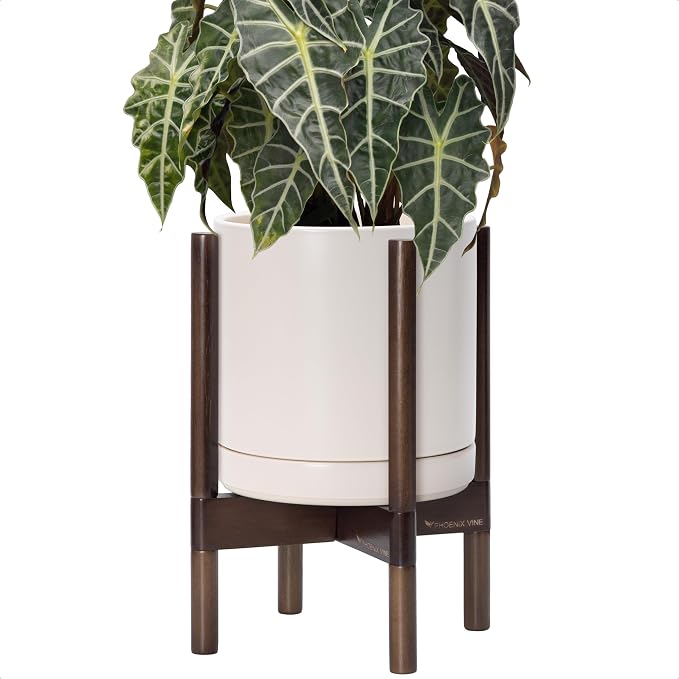 D'vine Dev Ceramic Pot with Walnut Wood Stand, 10 in, 55-B-X-8 | Mid-Century by DvineDevPlanterPotsandStand