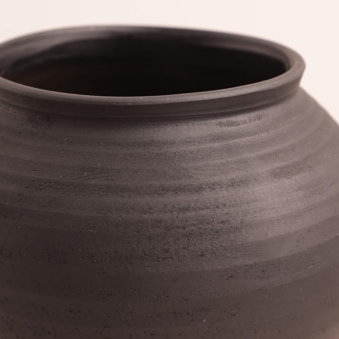 Matte Black Ceramic Vase, 6.7” Wabi-Sabi Ribbed Flower Vase, Handmade Pottery - Image 9
