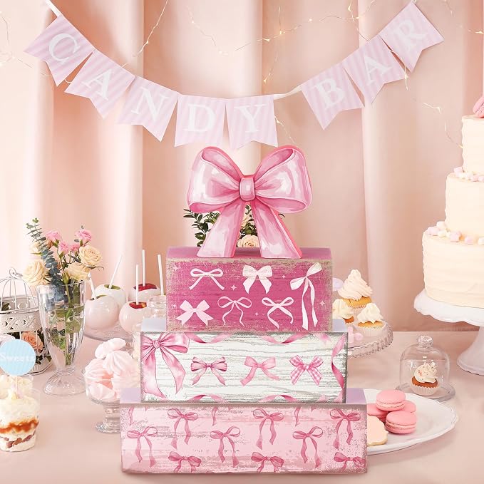 Conelist 4 Pcs Pink Bow Room Decoration Coquette Gift Pink Bow Block Sign - Image 6
