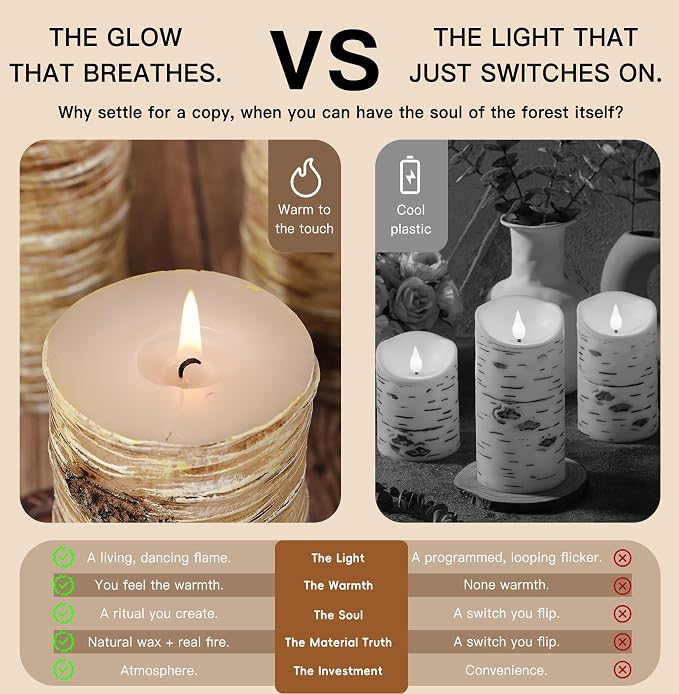 Birch Bark Pillar Candle Set of 3, Real Wax Fireplace Decor Candles | Assorted - Image 7