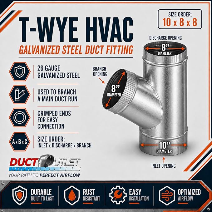10" x 8" x 8" T-Wye HVAC Duct Fitting, 26 Gauge Galvanized Steel Round Duct - Image 2
