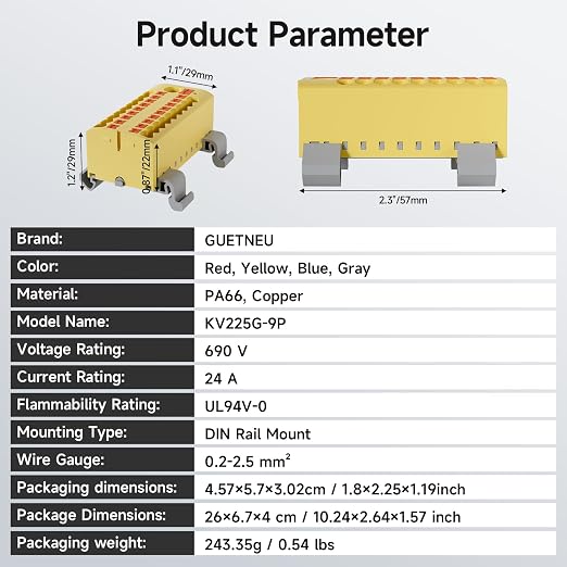 4Pcs KV225G DIN Rail Terminal Blocks, 9-Pole 1 in 18 Out Push-in | 9-Pole 1 in - Image 7