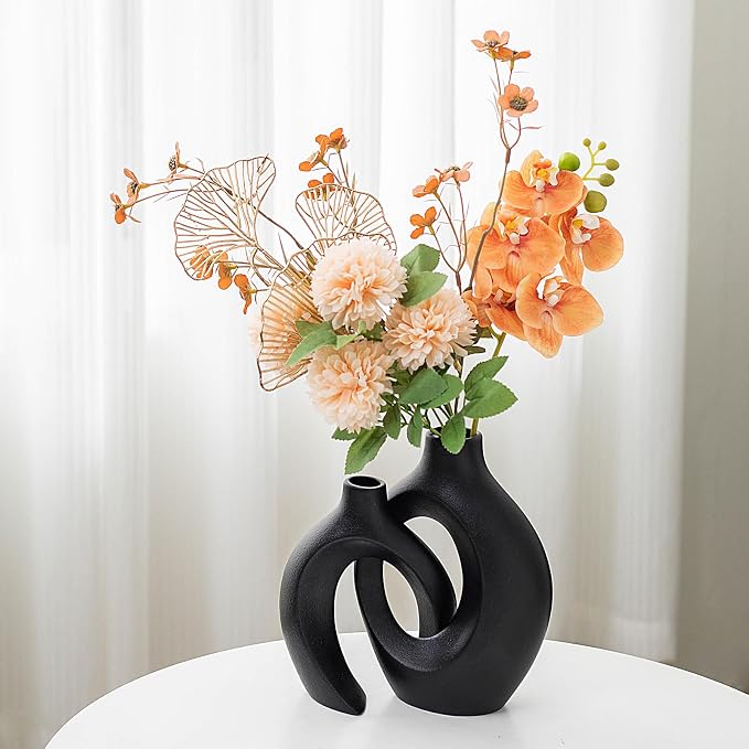 Black Hollow Ceramic Vase Set of 2, Snuggle Round Boho Donut Modern Vase Nordic - Image 7
