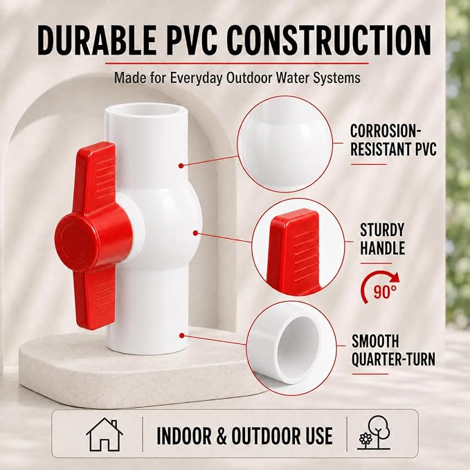 1/2 Inch PVC Ball Valve, 2 Pack | 150 PSI Socket x Socket Water Shut Off Valves - Image 6