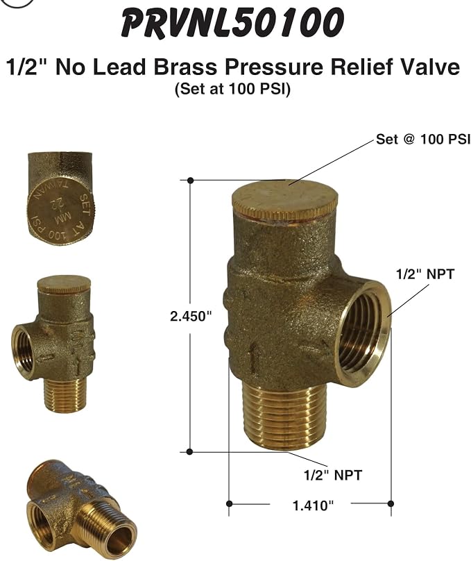 PRVNL50100 1/2" Lead-Free Brass Pressure Relief Valve, 100 PSI Adjustable - Image 5