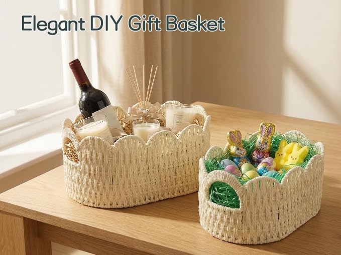 Coeusy Paper Rope Scalloped Basket Set of 2, Hand-woven Storage Baskets - Image 5