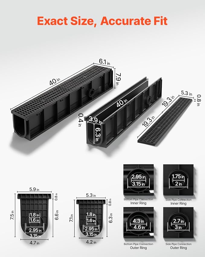 VEVOR Trench Drain, 40.1 x 6.1 x 7.9 in, 4 Pack Linear Drainage Channel - Image 2